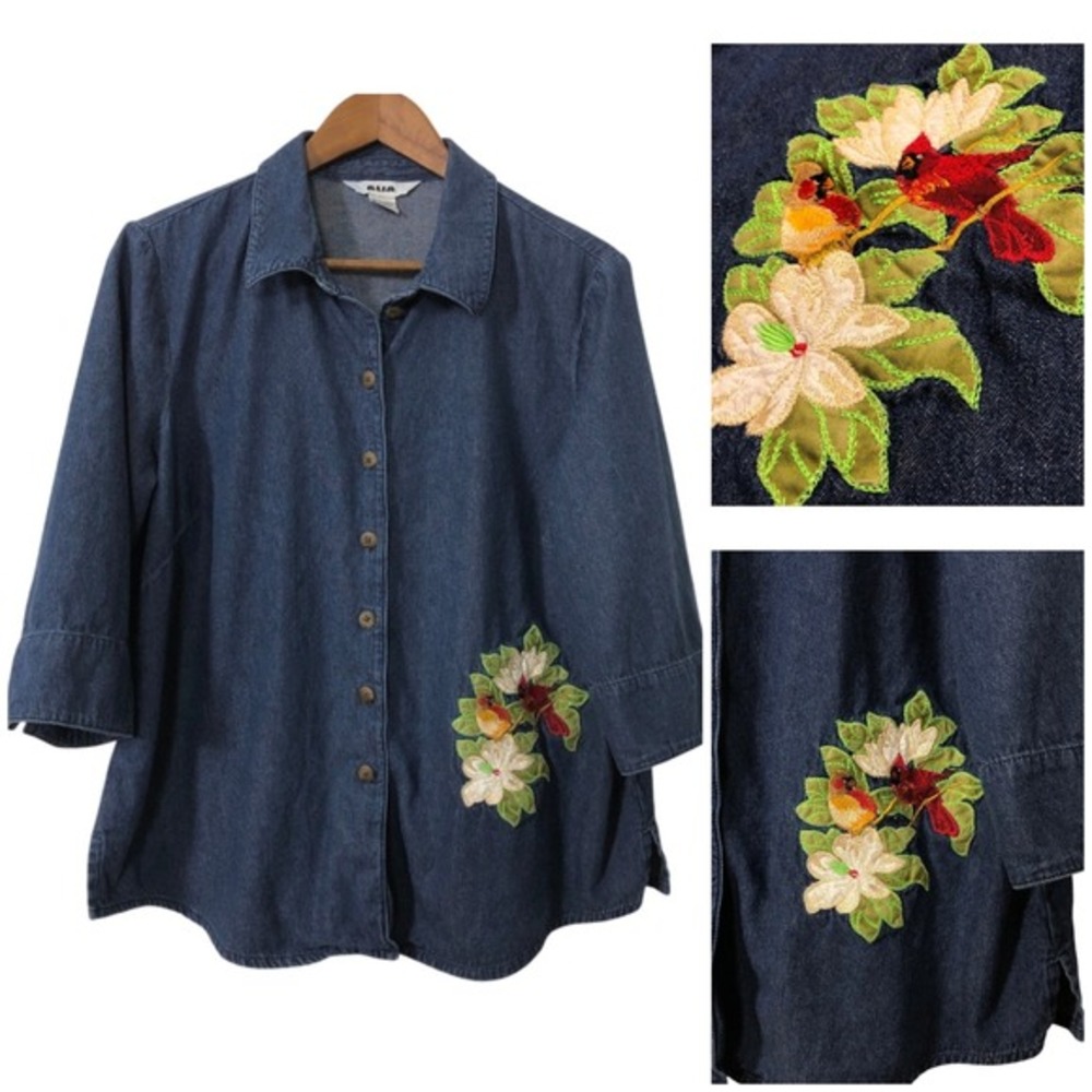 ALIA Denim Shirt Embroidered Cardinals Floral 16W 1X 100%‎ Cotton Cottagecore